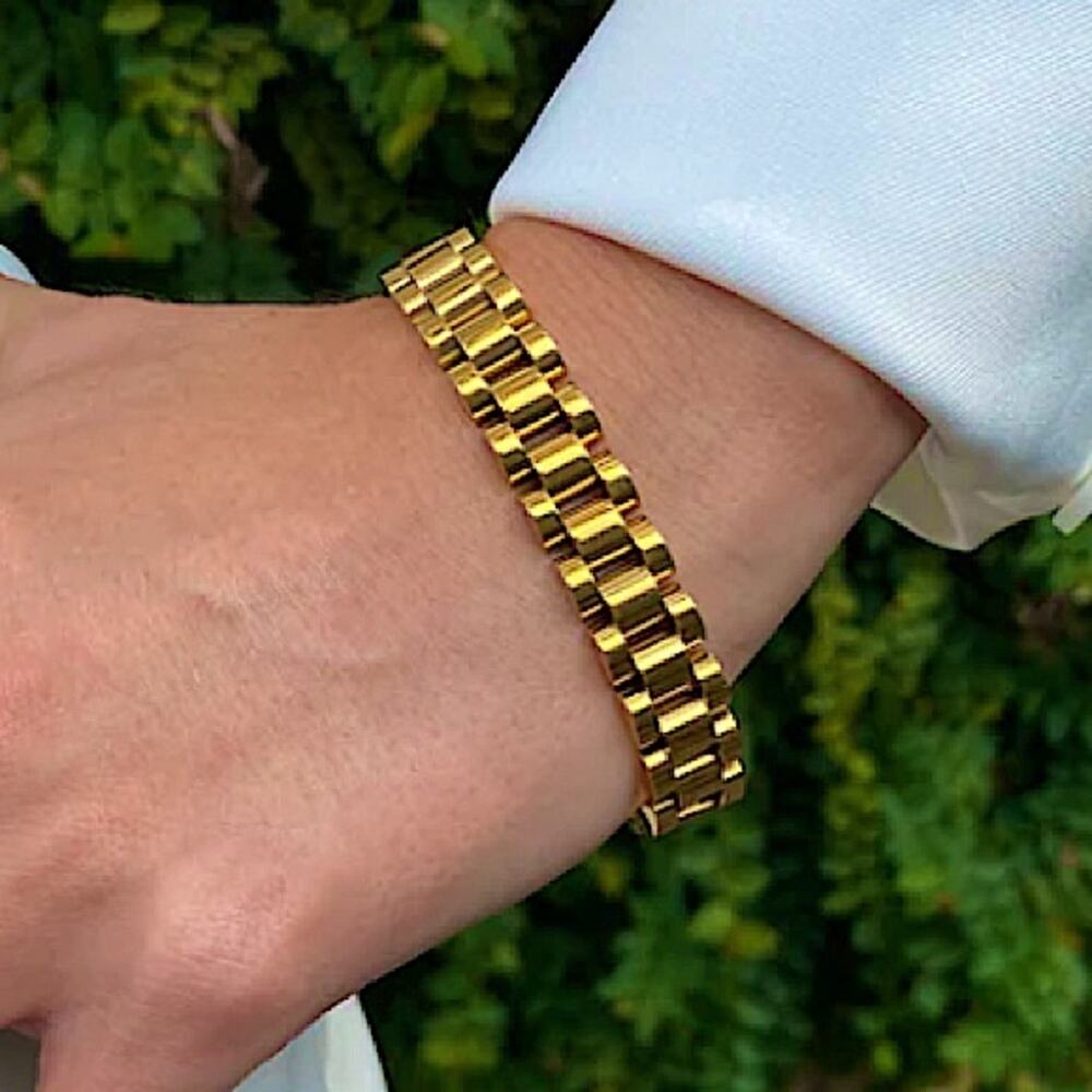 Gold Watch Link Bracelet Stainless Steel 18k Gold Plated - Picture 3 of 6